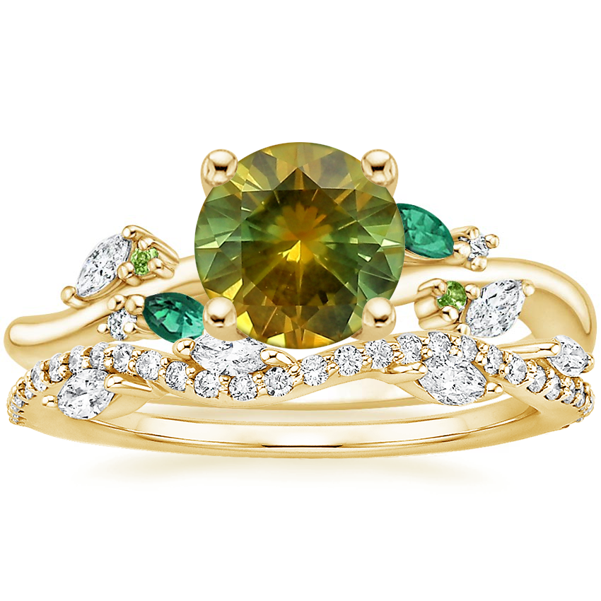 18K Yellow Gold Arden Diamond Ring with Lab Emerald Accents with Luxe Winding Willow Diamond Ring (1/4 ct. tw.)