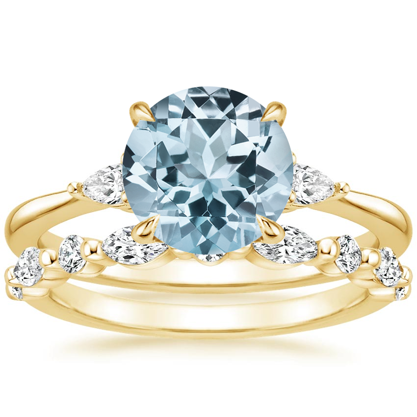 18KY Aquamarine Aria Diamond Ring (1/10 ct. tw.) with Versailles Diamond Ring (3/8 ct. tw.), top view