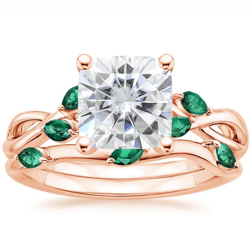 14KR Moissanite Willow Bridal Set With Lab Emerald Accents, top view