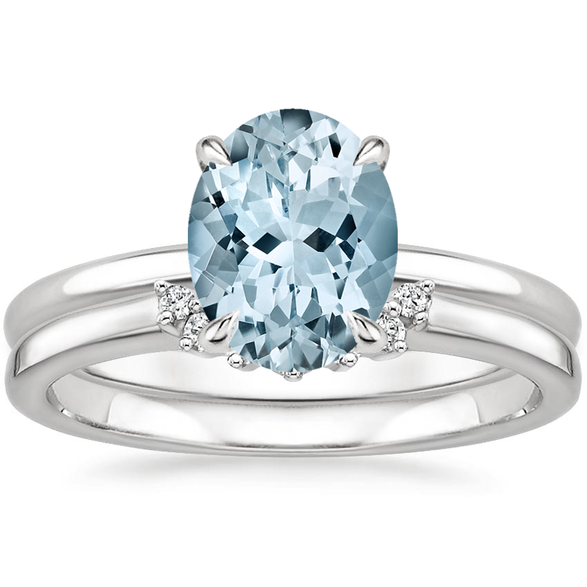 18KW Aquamarine Elodie Ring with Crescent Diamond Ring, top view