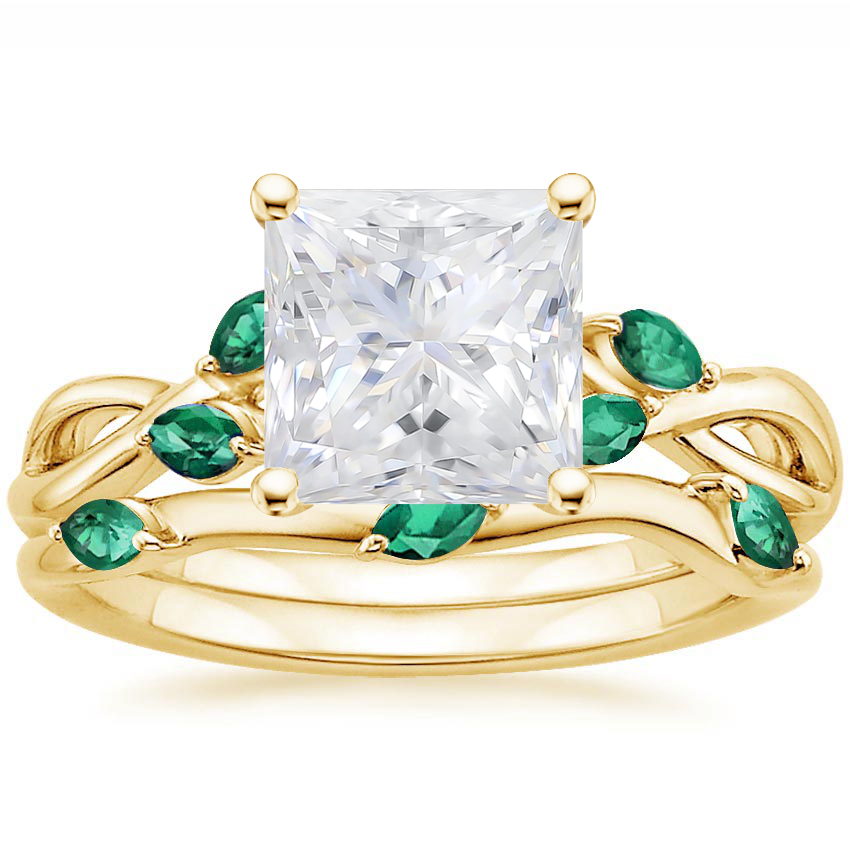 18KY Moissanite Willow Bridal Set With Lab Emerald Accents, top view