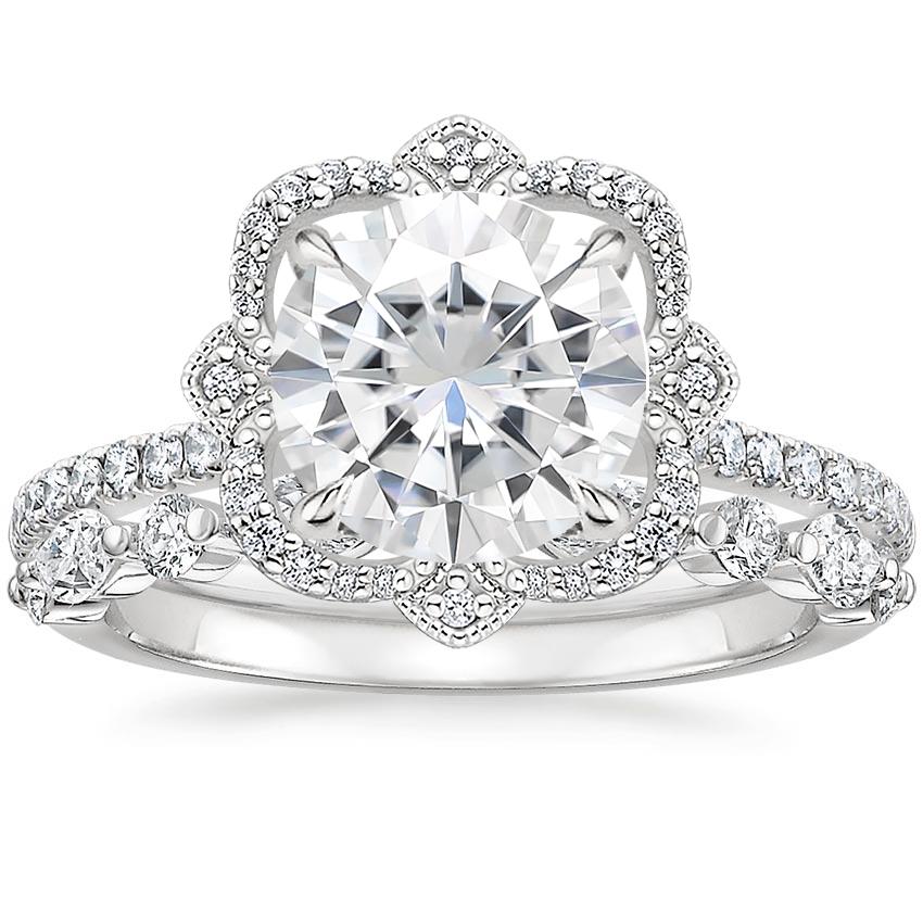 18KW Moissanite Reina Diamond Ring with Versailles Diamond Ring (3/8 ct. tw.), top view