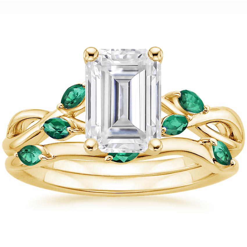 18KY Moissanite Willow Bridal Set With Lab Emerald Accents, top view