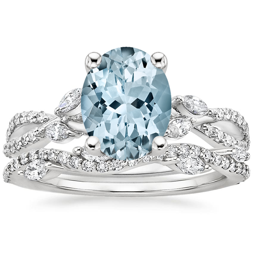 18KW Aquamarine Luxe Willow Diamond Ring (1/4 ct. tw.) with Luxe Winding Willow Diamond Ring (1/4 ct. tw.), top view
