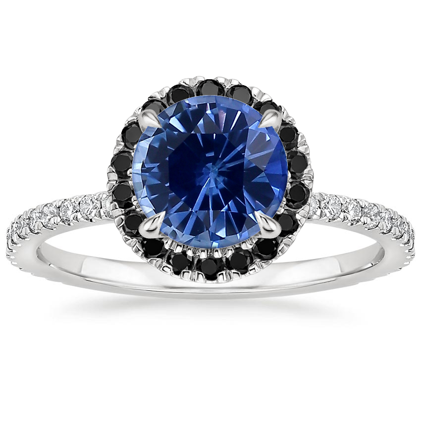 18K White Gold Waverly Halo Diamond Ring with Black Diamond Accents, large top view