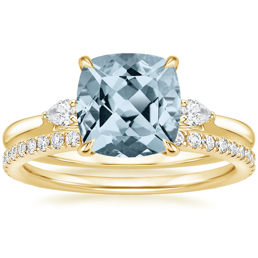 18KY Aquamarine Perfect Fit Three Stone Pear Diamond Ring with Luxe Ballad Diamond Ring, top view