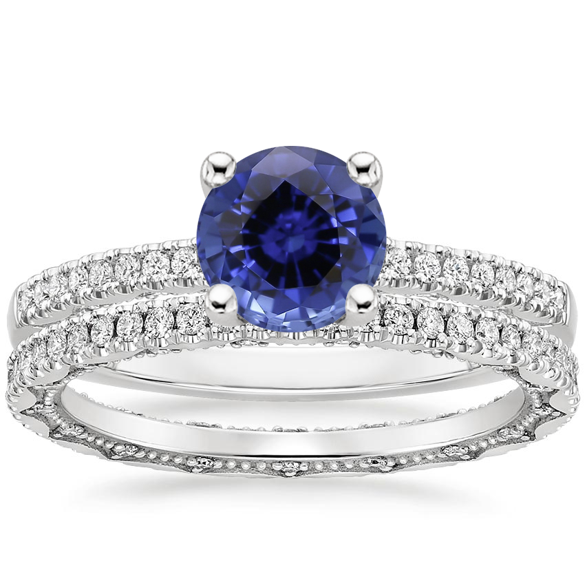 18KW Sapphire Tacori Coastal Crescent Pavé Diamond Ring with Tacori Coastal Crescent Eternity Diamond Ring, top view