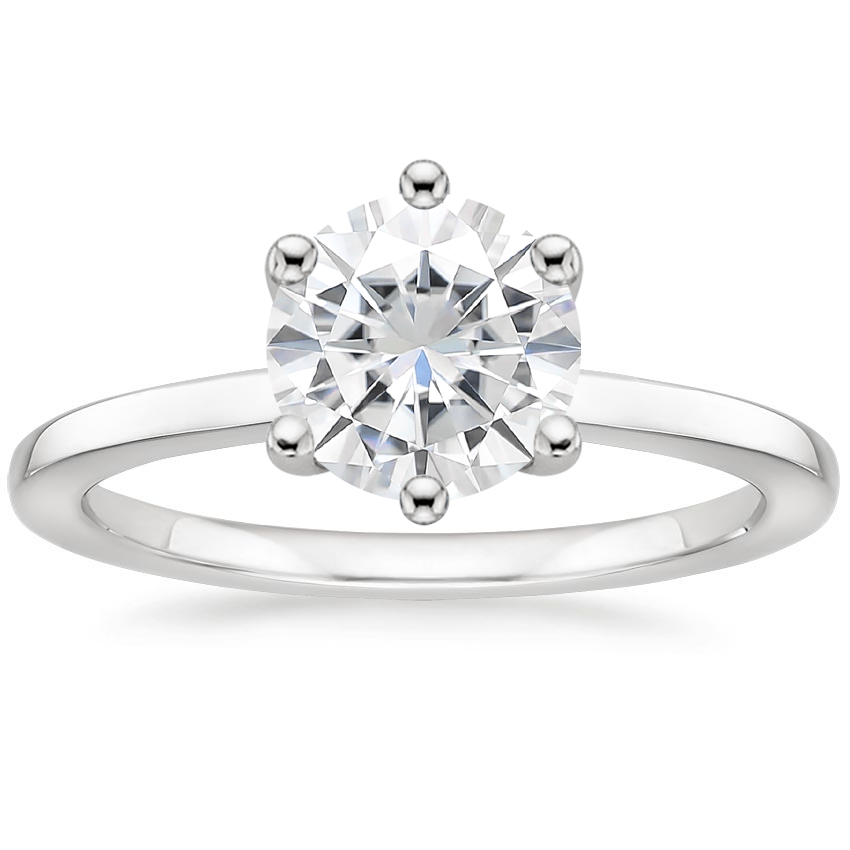 Moissanite Six Prong Hidden Halo Diamond Ring in 18K White Gold