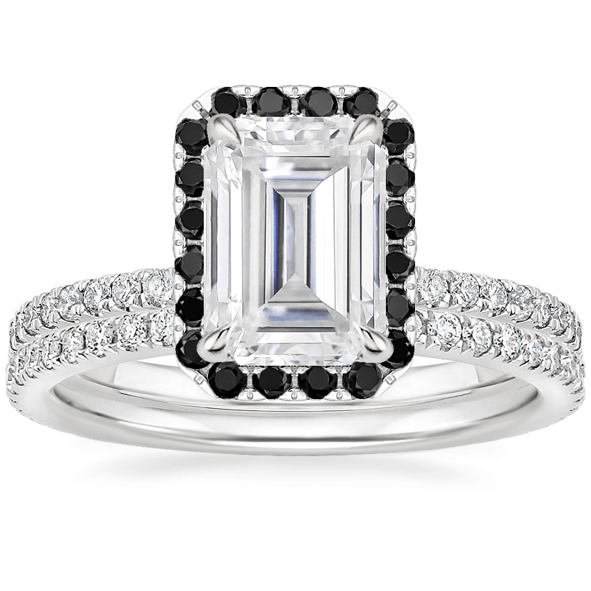 18KW Moissanite Waverly Diamond Ring with Black Diamond Accents with Luxe Ballad Diamond Ring, top view
