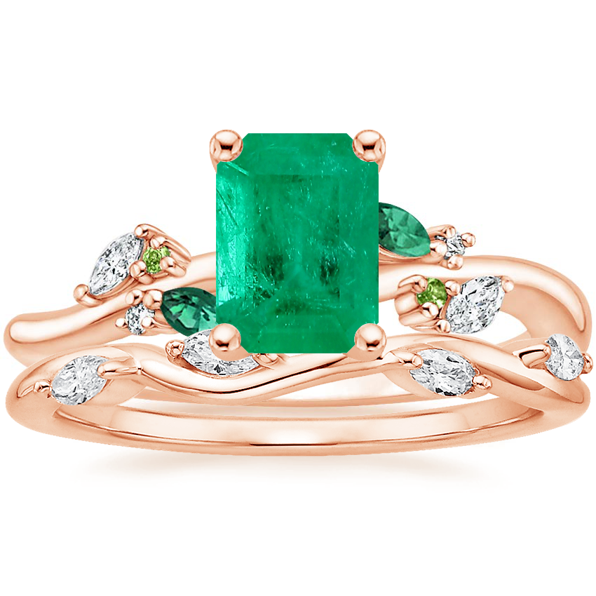 14K Rose Gold Arden Diamond Ring with Lab Emerald Accents with Winding Willow Diamond Ring