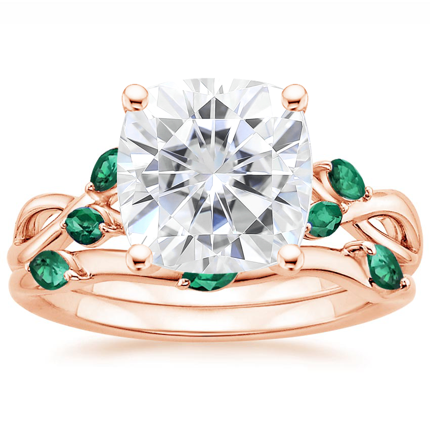 14KR Moissanite Willow Bridal Set With Lab Emerald Accents, top view