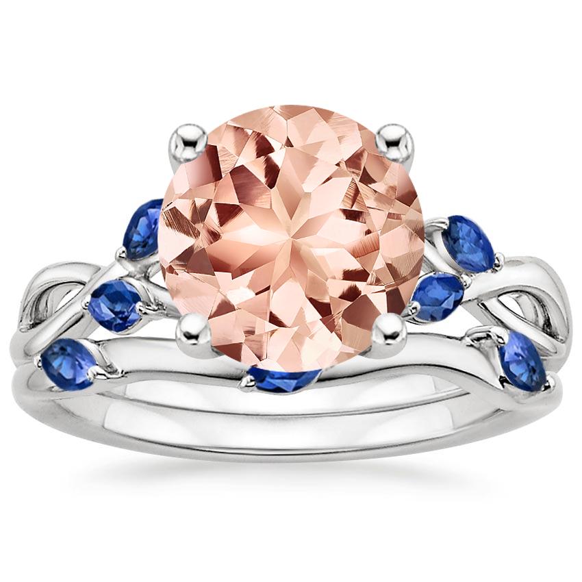 18KW Morganite Willow Bridal Set With Sapphire Accents, top view