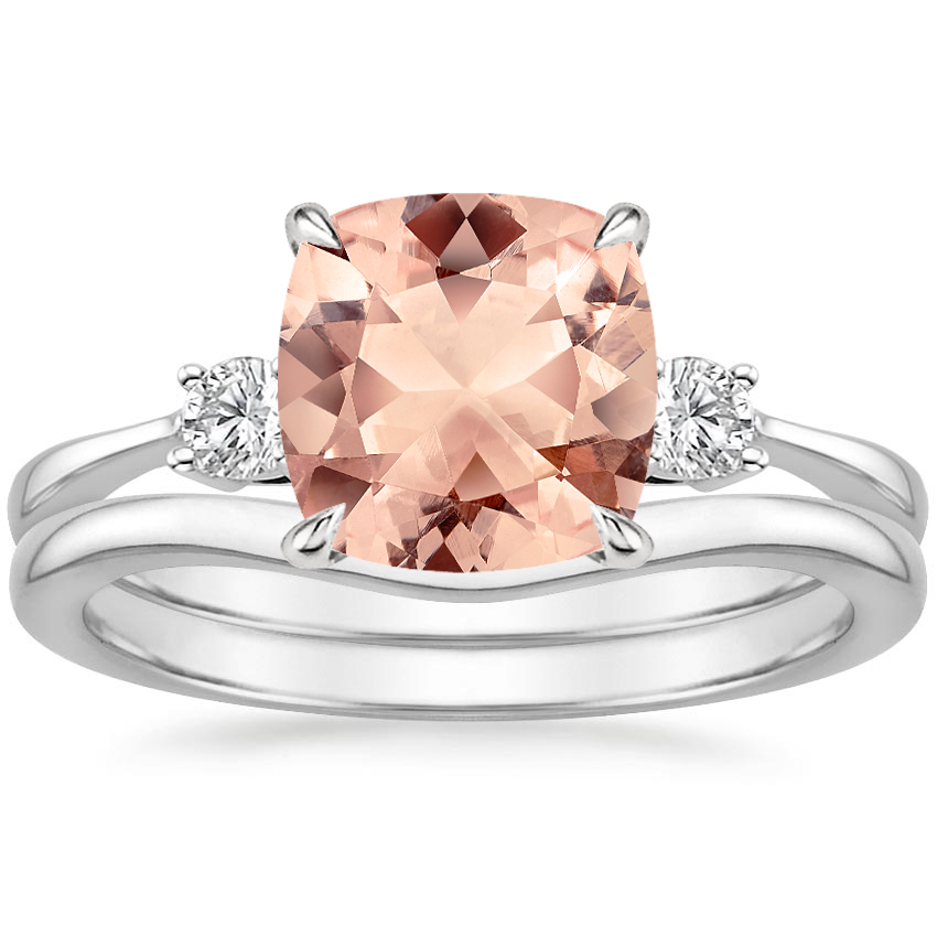 18KW Morganite Selene Diamond Ring (1/10 ct. tw.) with Petite Curved Wedding Ring, top view