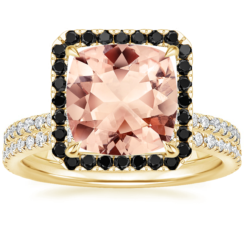 18KY Morganite Waverly Diamond Ring with Black Diamond Accents with Luxe Ballad Diamond Ring, top view
