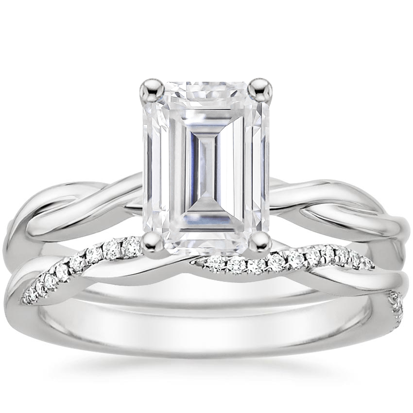 18KW Moissanite Twisted Vine Ring with Petite Twisted Vine Diamond Ring (1/8 ct. tw.), top view