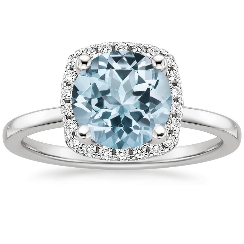 Aquamarine French Halo Diamond Ring in 18K White Gold