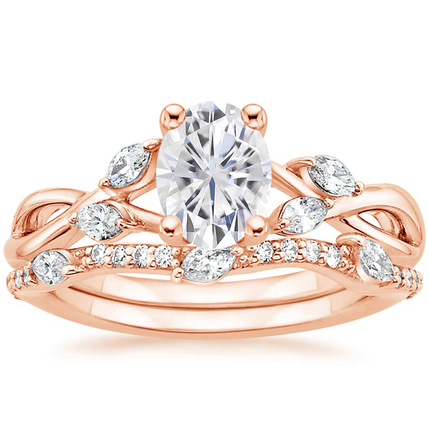 14KR Moissanite Willow Diamond Ring (1/8 ct. tw.) with Luxe Willow Diamond Wedding Ring (1/5 ct. tw.), top view