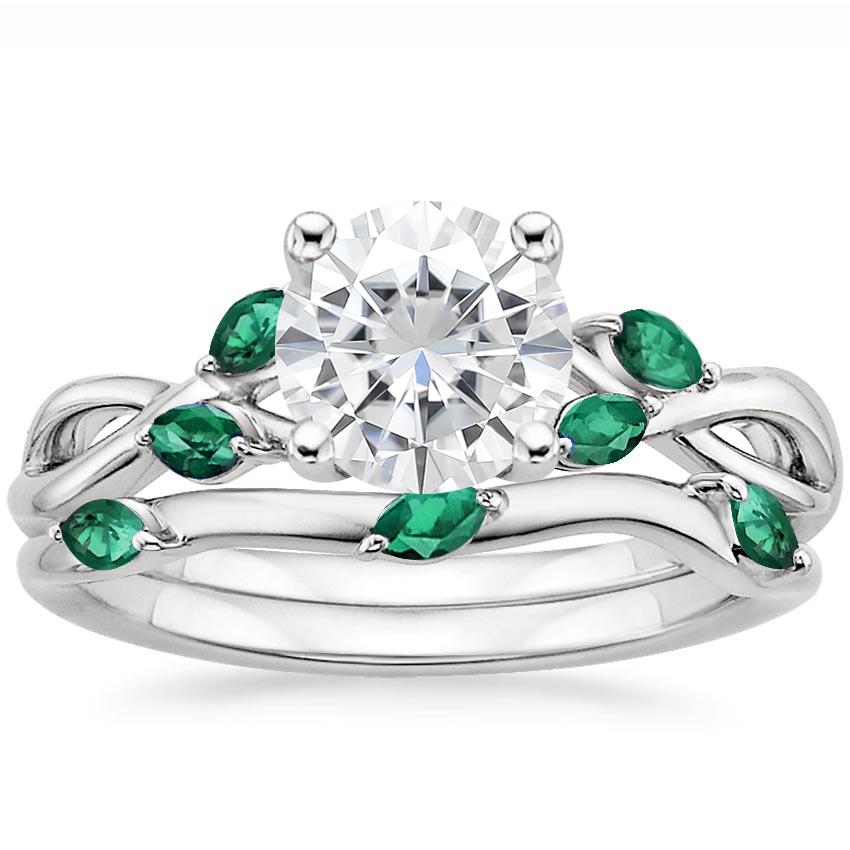 18KW Moissanite Willow Bridal Set With Lab Emerald Accents, top view