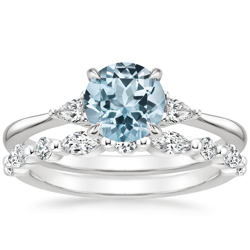 18KW Aquamarine Aria Diamond Ring (1/10 ct. tw.) with Versailles Diamond Ring (3/8 ct. tw.), top view