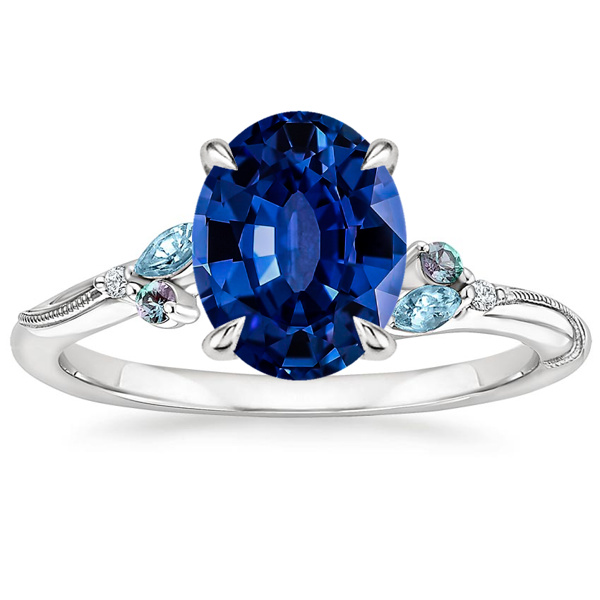14K White Gold Camellia Indigo Milgrain Ring, large top view
