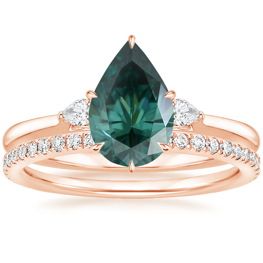 14K Rose Gold Perfect Fit Three Stone Pear Diamond Ring with Luxe Ballad Diamond Ring