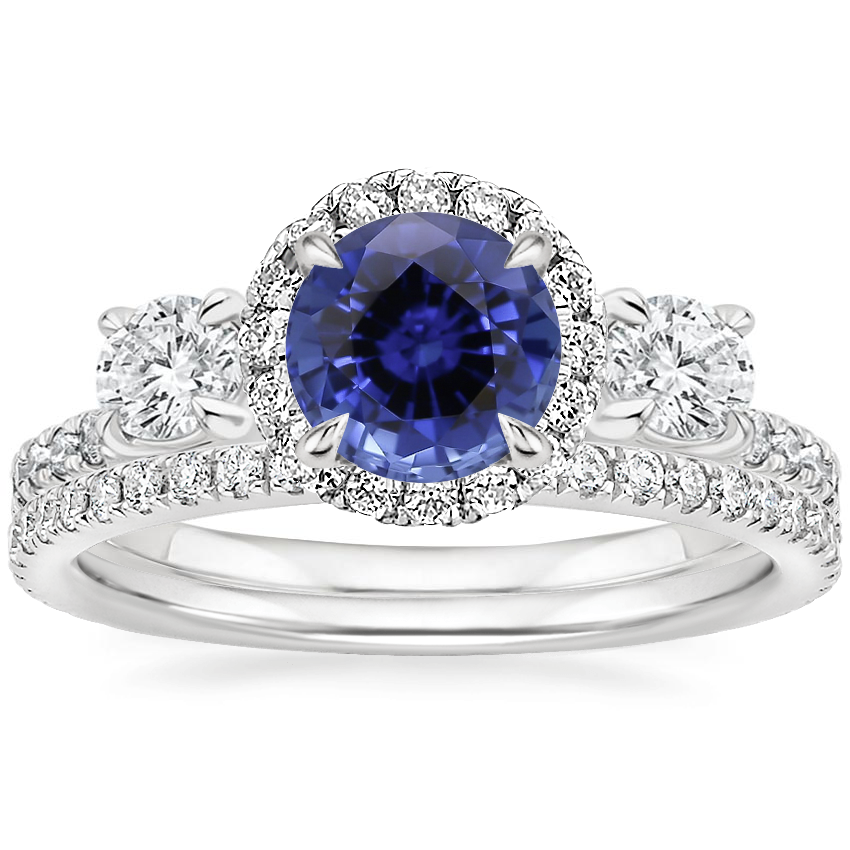 18KW Sapphire Three Stone Waverly Diamond Ring with Luxe Ballad Diamond Ring, top view