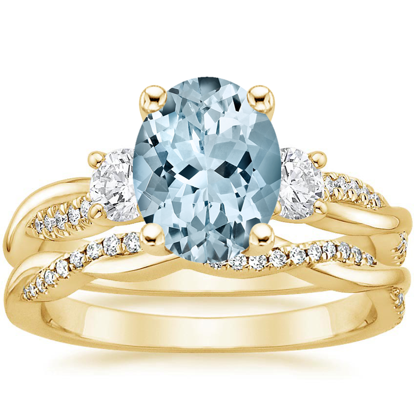 18KY Aquamarine Three Stone Petite Twisted Vine Diamond Bridal Set (1/2 ct. tw.), top view