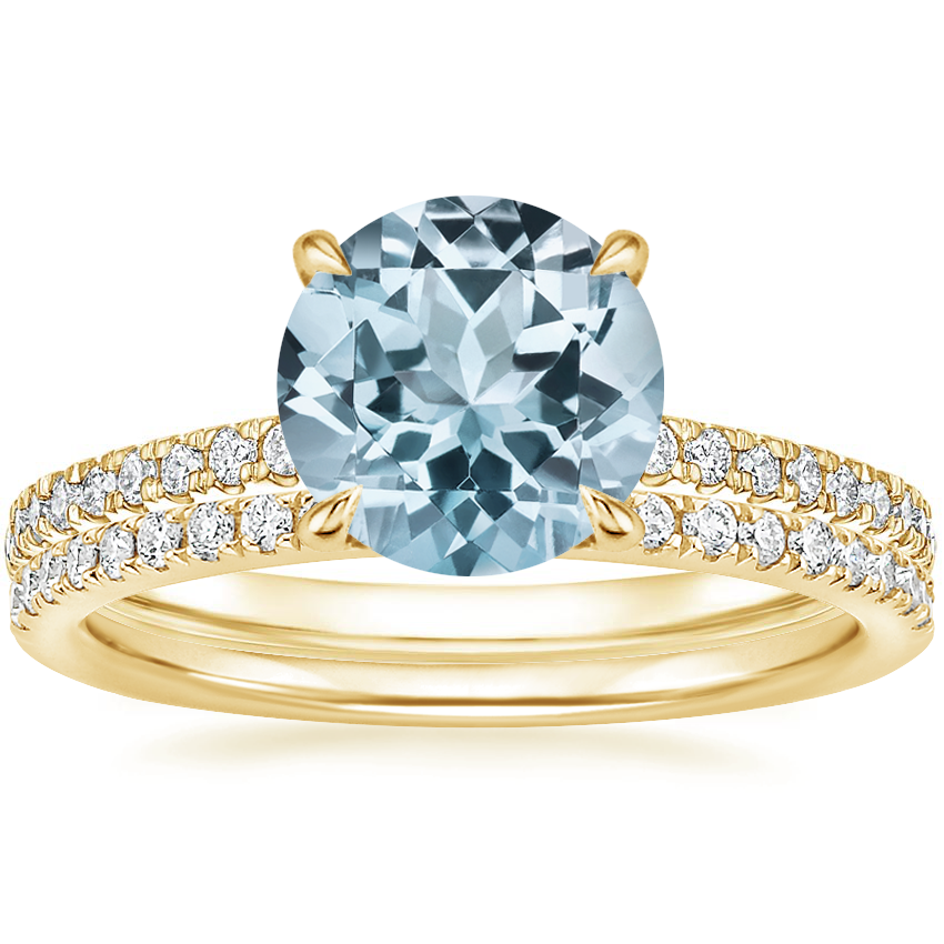 18KY Aquamarine Petite Demi Diamond Ring with Ballad Diamond Ring, top view