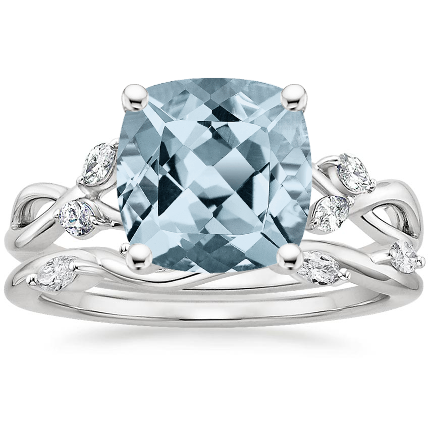 18KW Aquamarine Willow Diamond Ring (1/8 ct. tw.) with Winding Willow Diamond Ring (1/8 ct. tw.), top view
