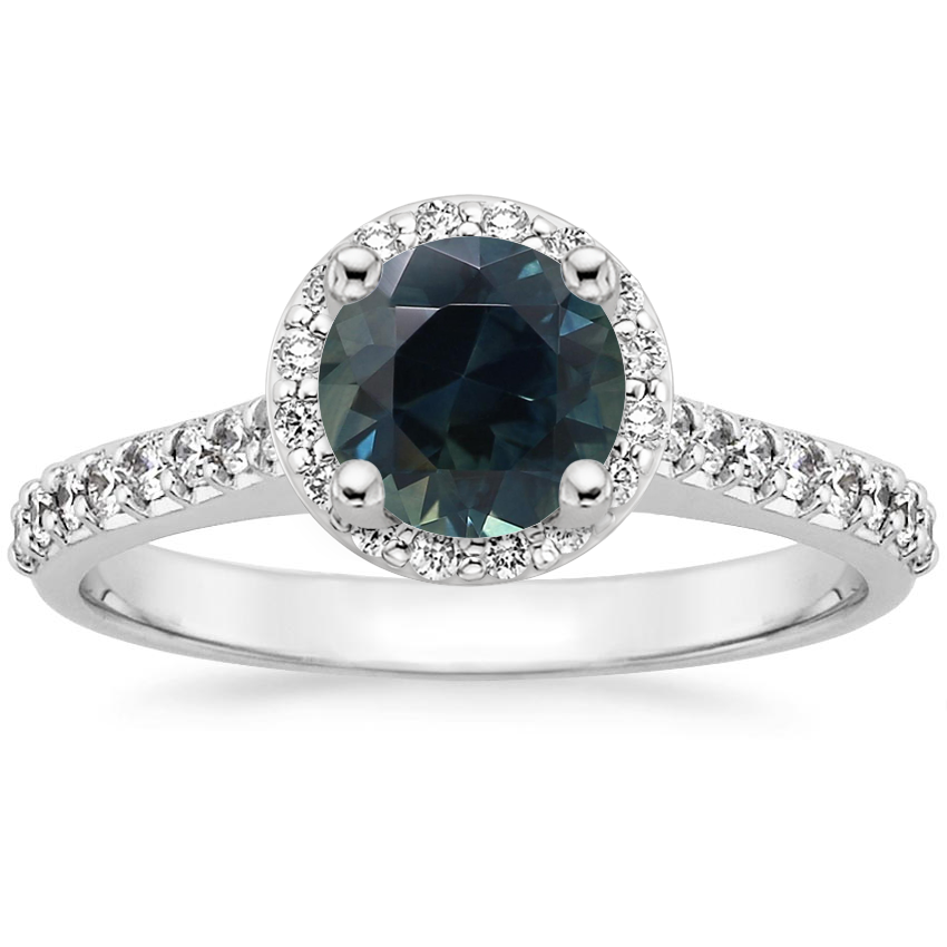 Sapphire Halo Diamond Ring with Side Stones (1/3 ct. tw.) in 14K White Gold