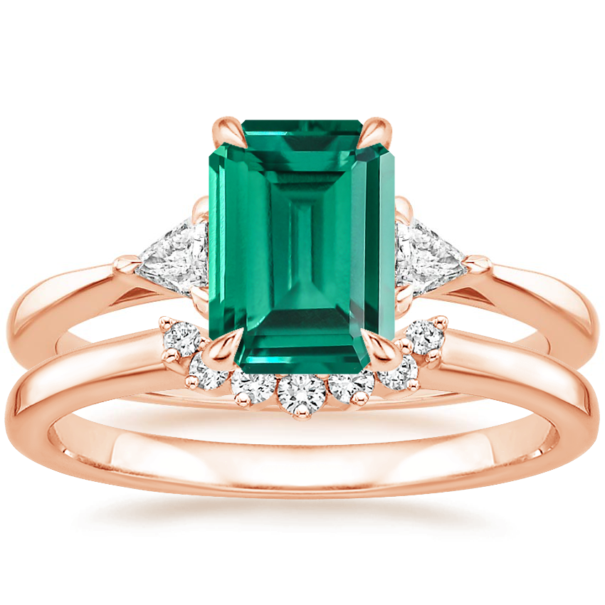 14K Rose Gold Trillion Three Stone Diamond Ring with Crescent Diamond Ring