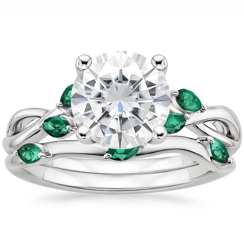 18KW Moissanite Willow Bridal Set With Lab Emerald Accents, top view