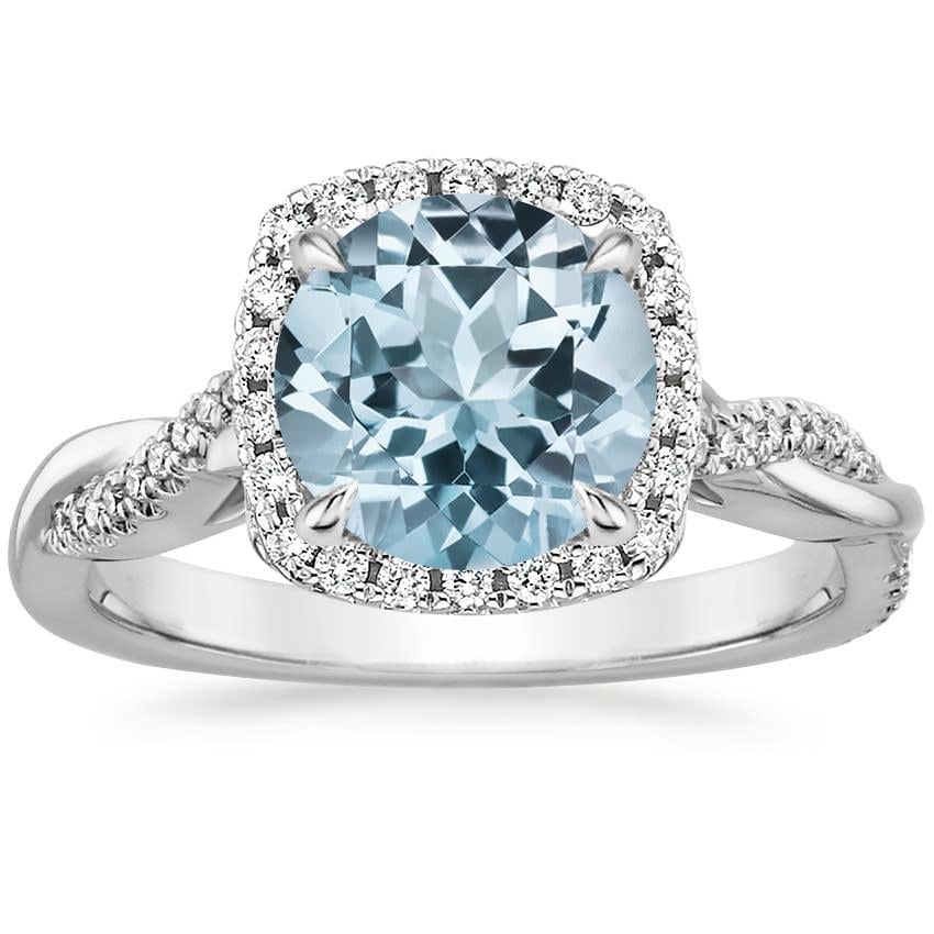 18K White Gold Aquamarine Petite Twisted Vine Halo Diamond Ring 1 4 ct. tw