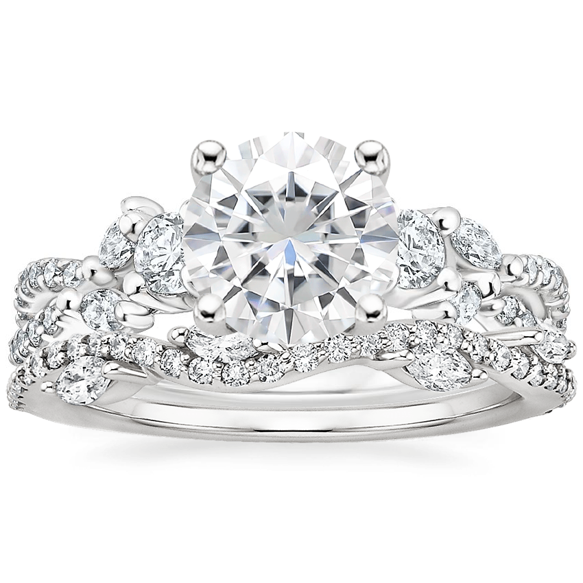 18KW Moissanite Three Stone Luxe Willow Diamond Ring with Luxe Winding Willow Diamond Ring, top view