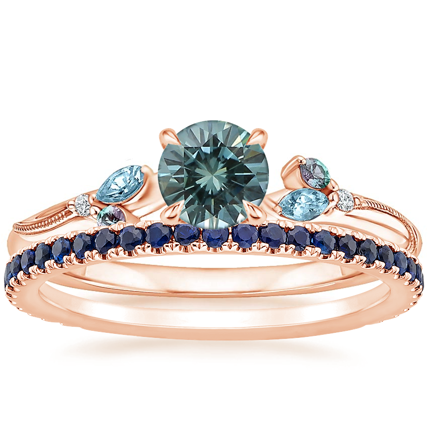 14K Rose Gold Camellia Indigo Milgrain Ring with Luxe Ballad Sapphire Ring