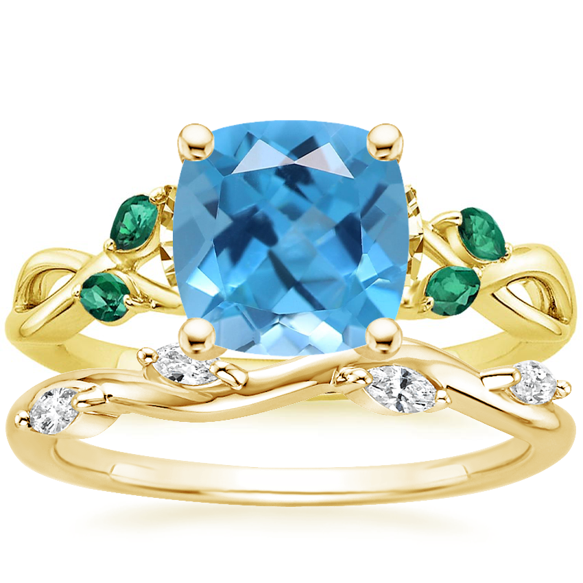 18K Yellow Gold Willow Ring With Lab Emerald Accents with Winding Willow Diamond Ring (1/8 ct. tw.)