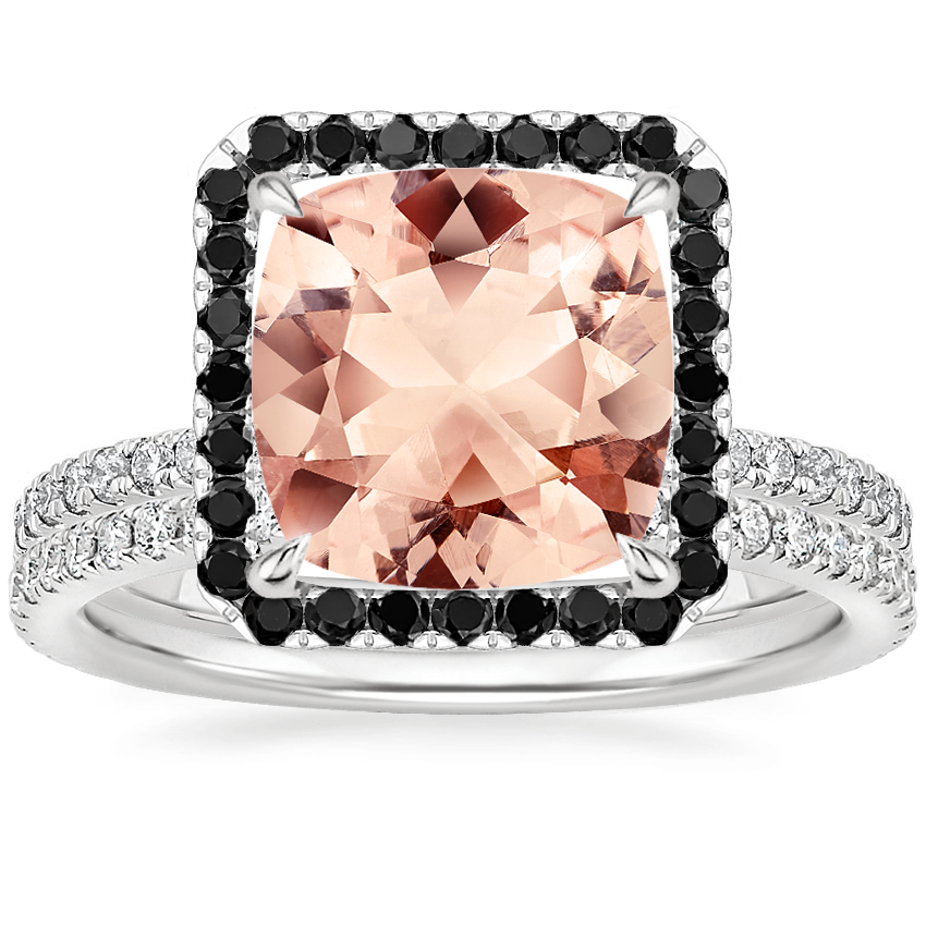 18KW Morganite Waverly Diamond Ring with Black Diamond Accents with Luxe Ballad Diamond Ring, top view