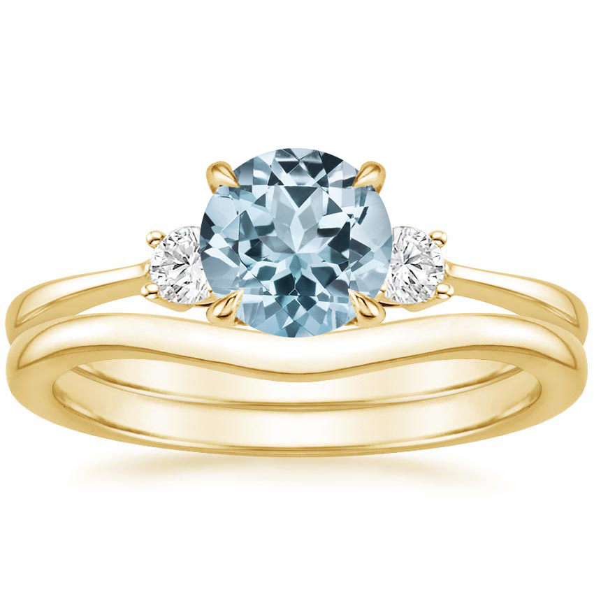 18KY Aquamarine Selene Diamond Ring (1/10 ct. tw.) with Petite Curved Wedding Ring, top view