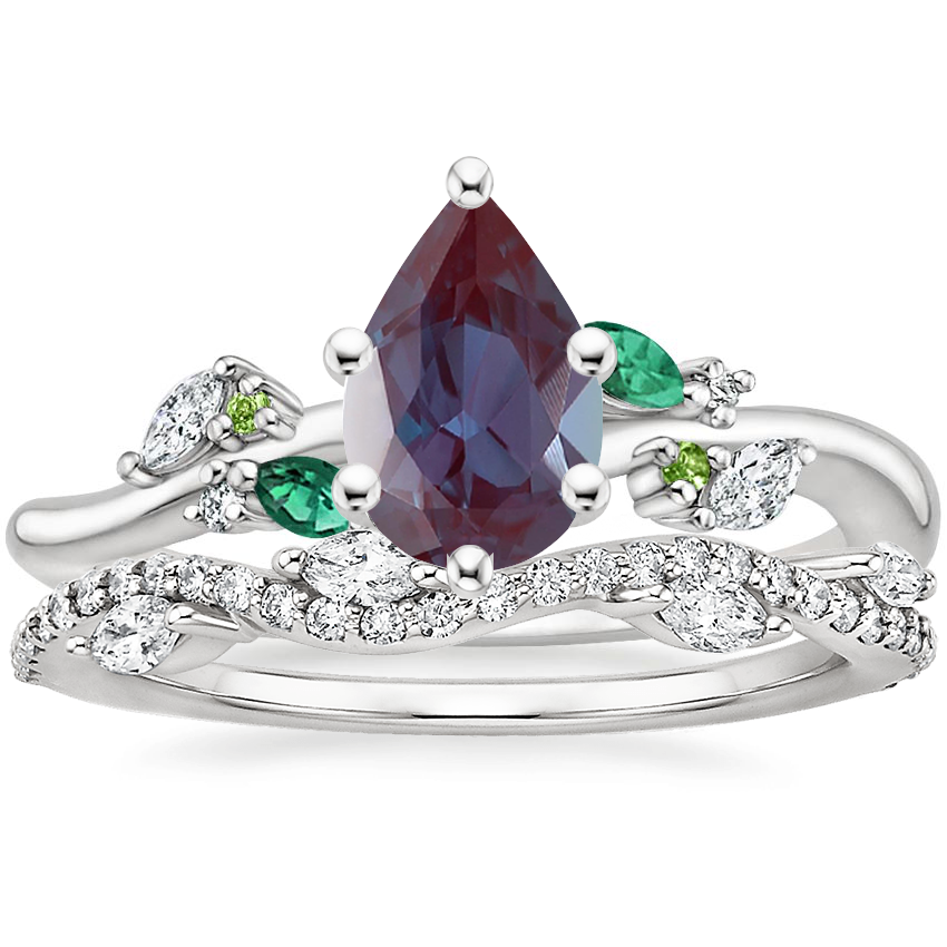 Platinum Arden Diamond Ring with Lab Emerald Accents with Luxe Winding Willow Diamond Ring (1/4 ct. tw.)