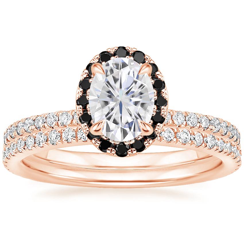 14KR Moissanite Waverly Diamond Ring with Black Diamond Accents with Luxe Ballad Diamond Ring, top view