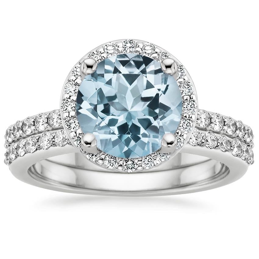 18KW Aquamarine Halo Diamond Ring with Side Stones (1/3 ct. tw.) with Petite Shared Prong Diamond Ring (1/4 ct. tw.), top view