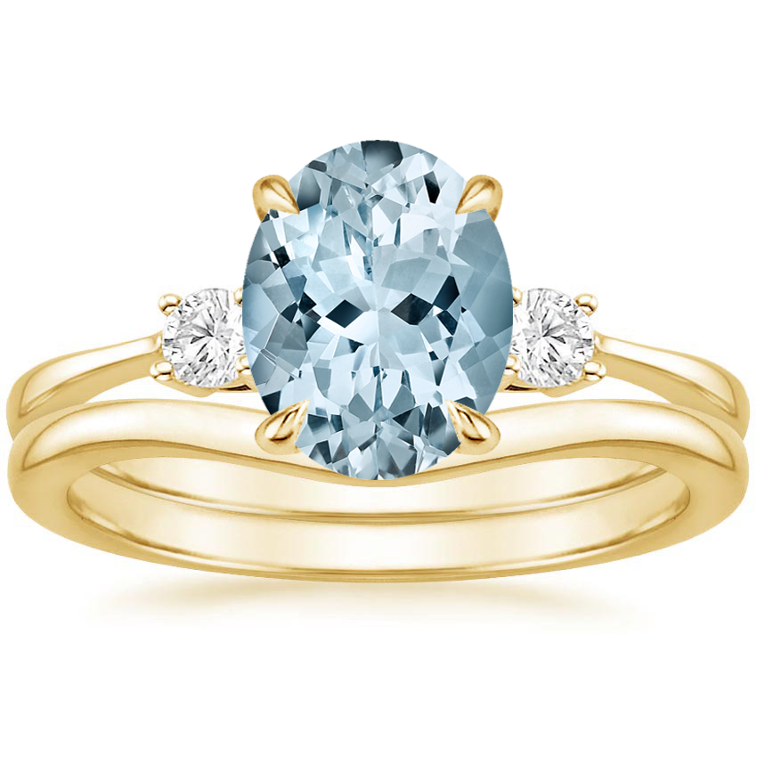 18KY Aquamarine Selene Diamond Ring (1/10 ct. tw.) with Petite Curved Wedding Ring, top view