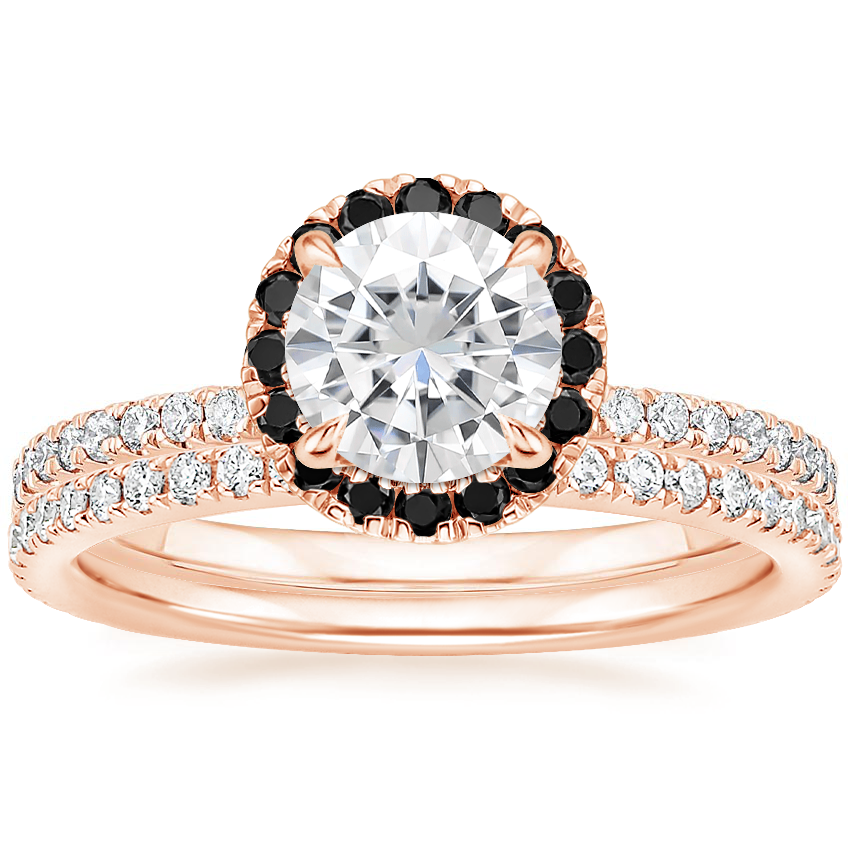14KR Moissanite Waverly Diamond Ring with Black Diamond Accents with Luxe Ballad Diamond Ring, top view