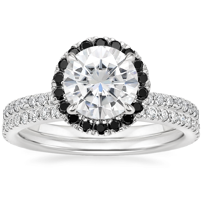 18KW Moissanite Waverly Diamond Ring with Black Diamond Accents with Luxe Ballad Diamond Ring, top view