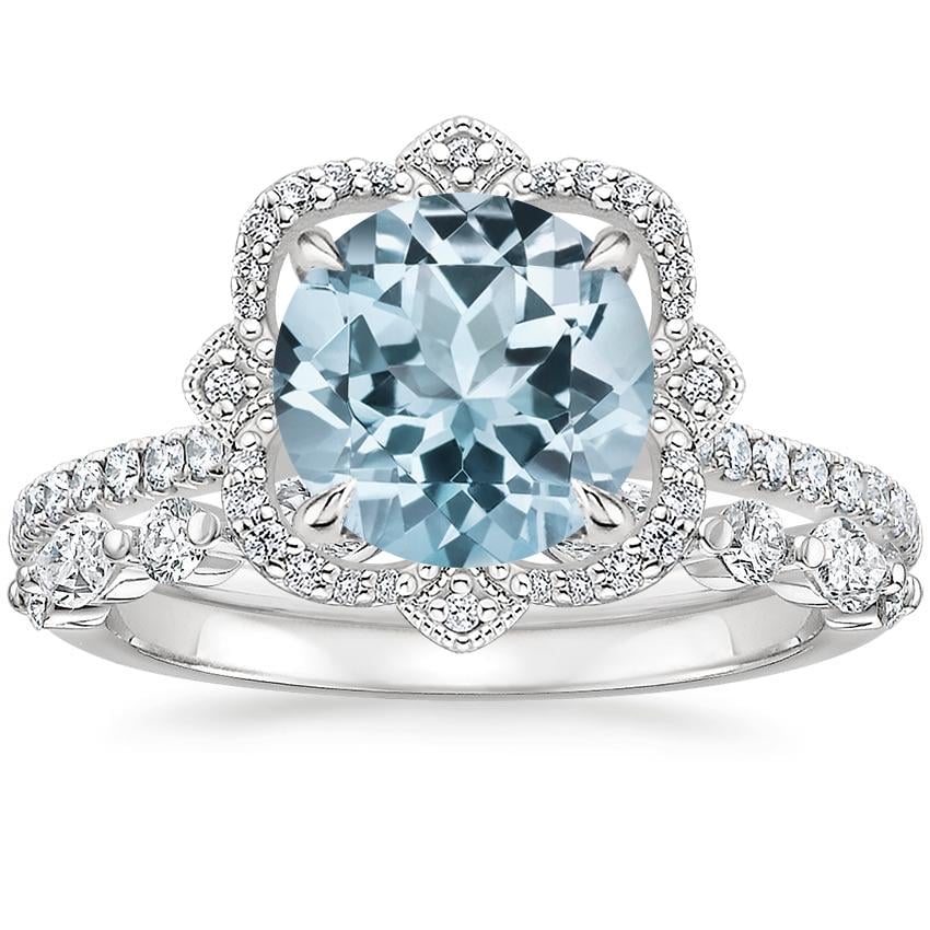 18KW Aquamarine Reina Diamond Ring with Versailles Diamond Ring (3/8 ct. tw.), top view