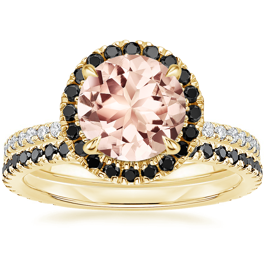 18KY Morganite Waverly Diamond Ring with Black Diamond Accents with Luxe Ballad Black Diamond Ring, top view