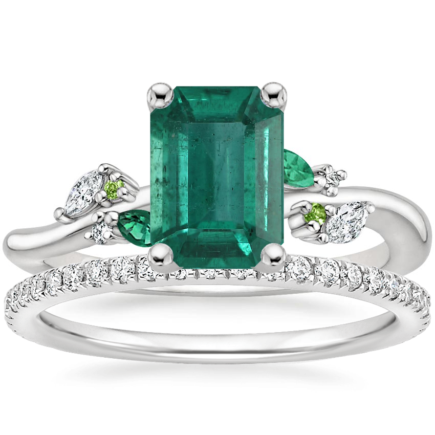 18K White Gold Arden Diamond Ring with Lab Emerald Accents with Luxe Ballad Diamond Ring (1/4 ct. tw.)