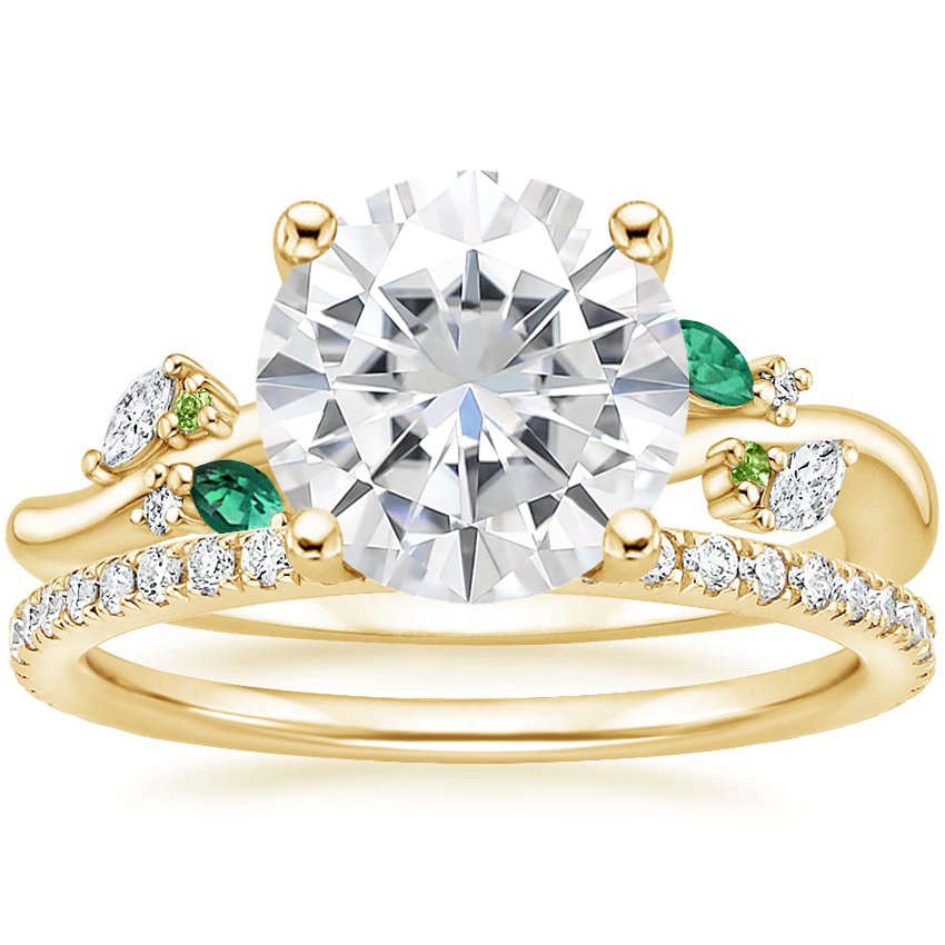 14K Yellow Gold Arden Diamond Ring with Lab Emerald Accents with Luxe Ballad Diamond Ring (1/4 ct. tw.)
