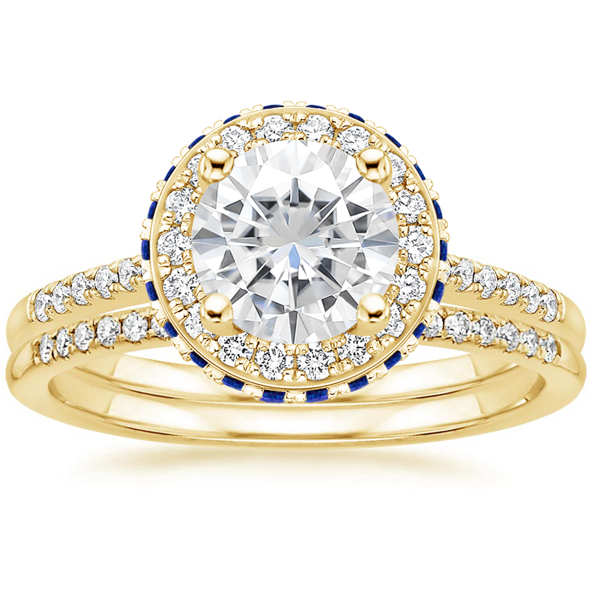 18KY Moissanite Audra Diamond Ring with Sapphire Accents (1/4 ct. tw.) with Whisper Diamond Ring (1/10 ct. tw.), top view