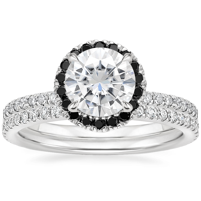 18KW Moissanite Waverly Diamond Ring with Black Diamond Accents with Luxe Ballad Diamond Ring, top view